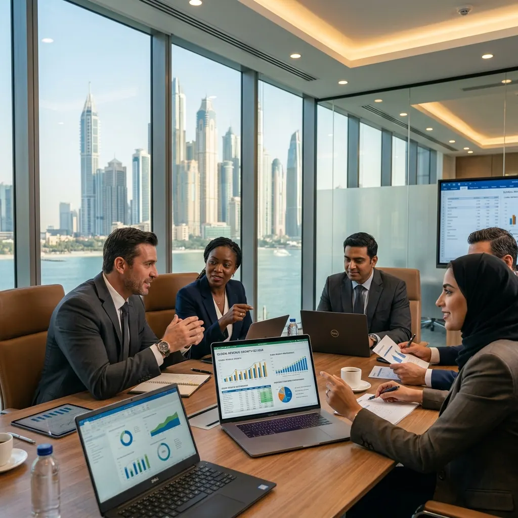 Advisers reviewing figures in a boardroom above the Dubai water