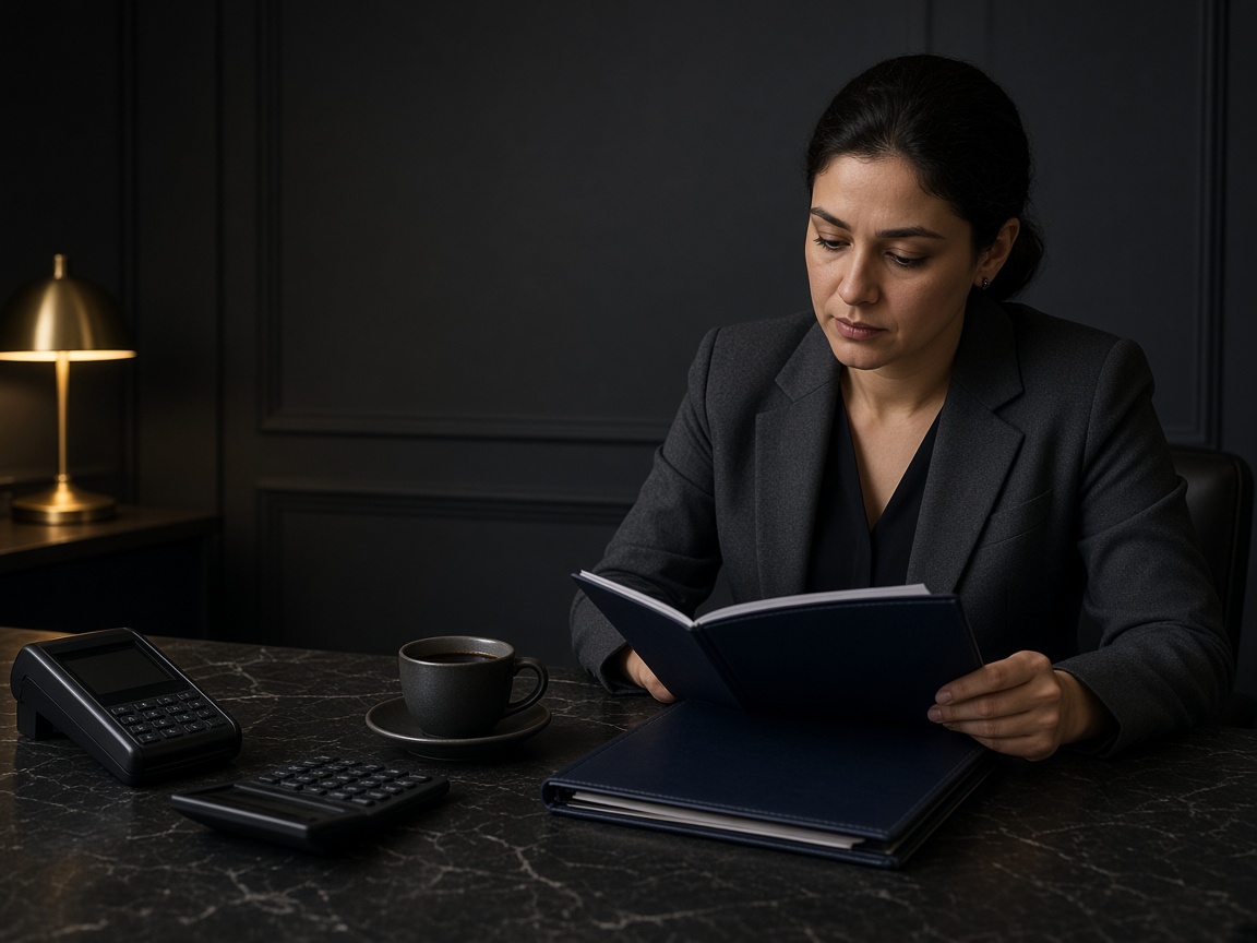 A tax file being reviewed beside a calculator and card terminal