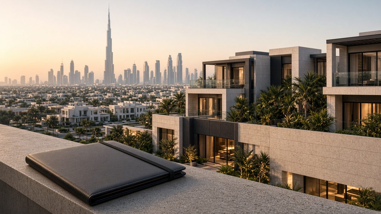 Villas above Dubai, with the skyline beyond