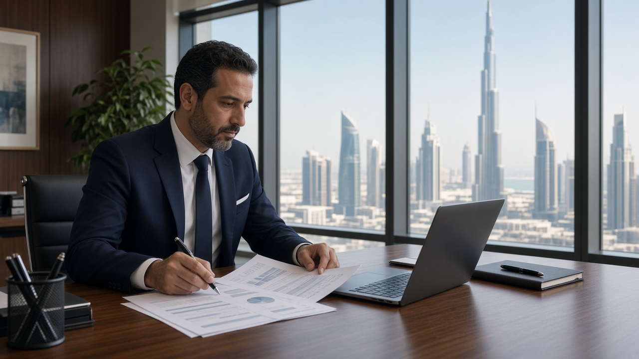An adviser signing an audit file above the Dubai skyline
