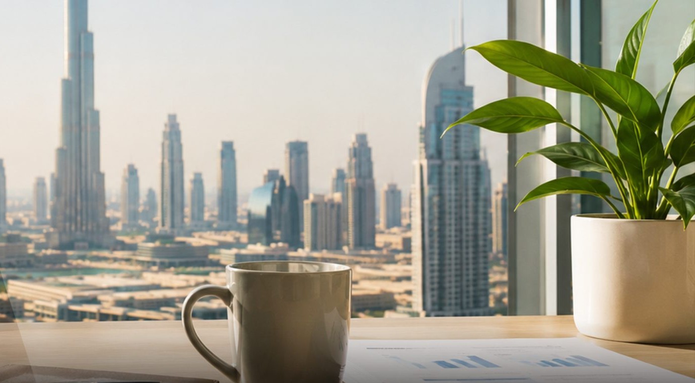 A desk looking out over the Dubai skyline
